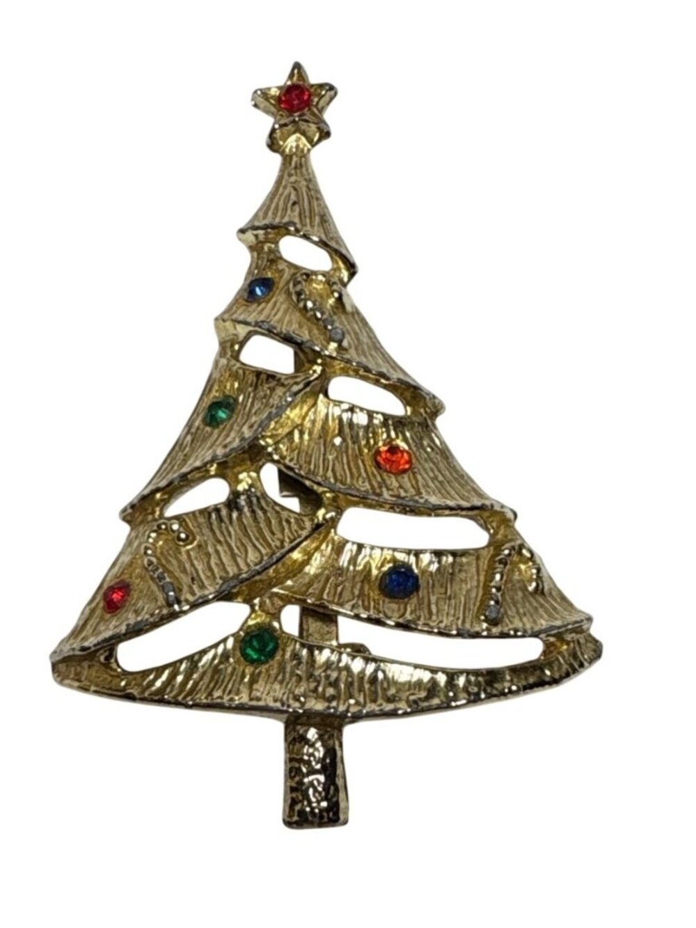 Vintage Gold Tone Christmas Tree Brooch With Multicolor Rhinestones Star 2"
